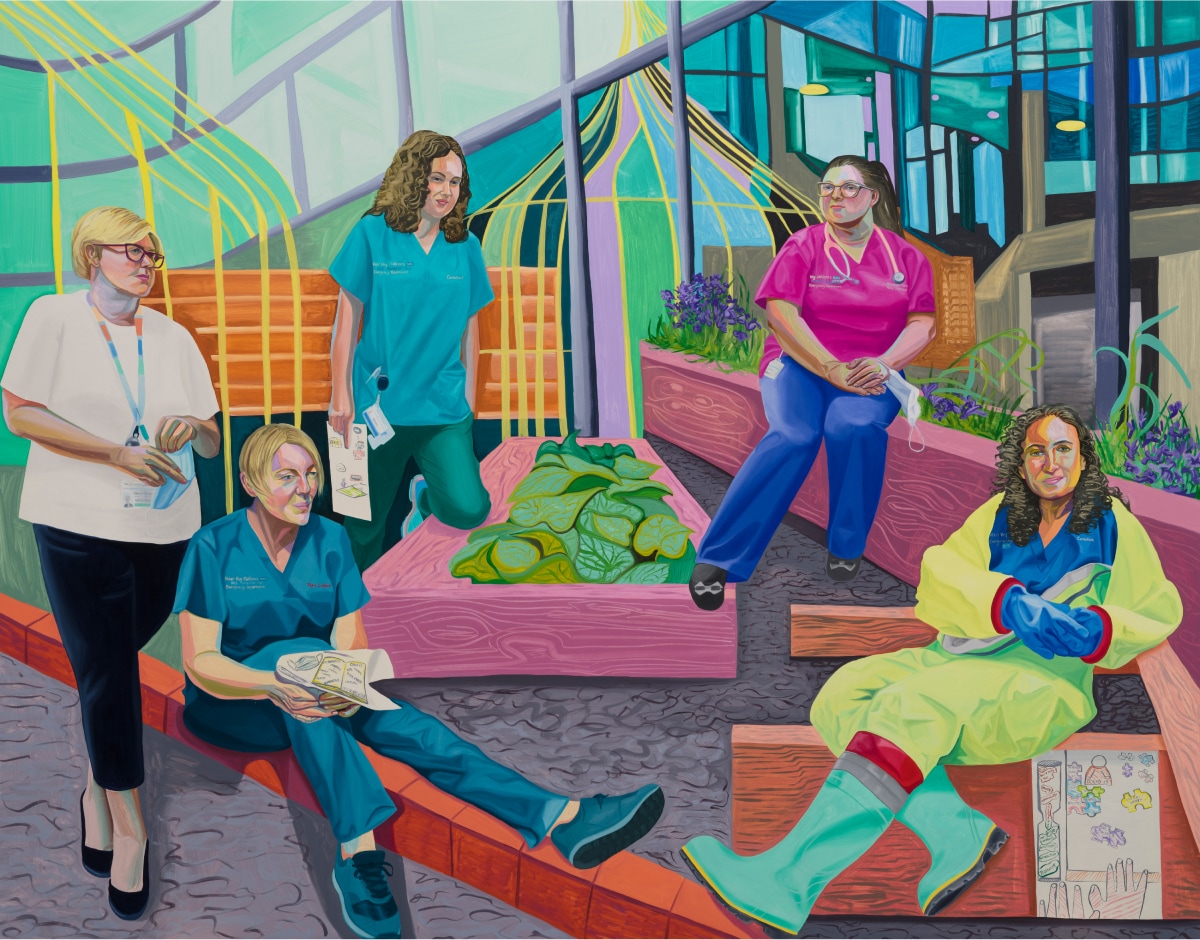 Nisenbaum’s “Team Time Storytelling, Steven Gerard Garden” with five hospital workers posed among garden planters